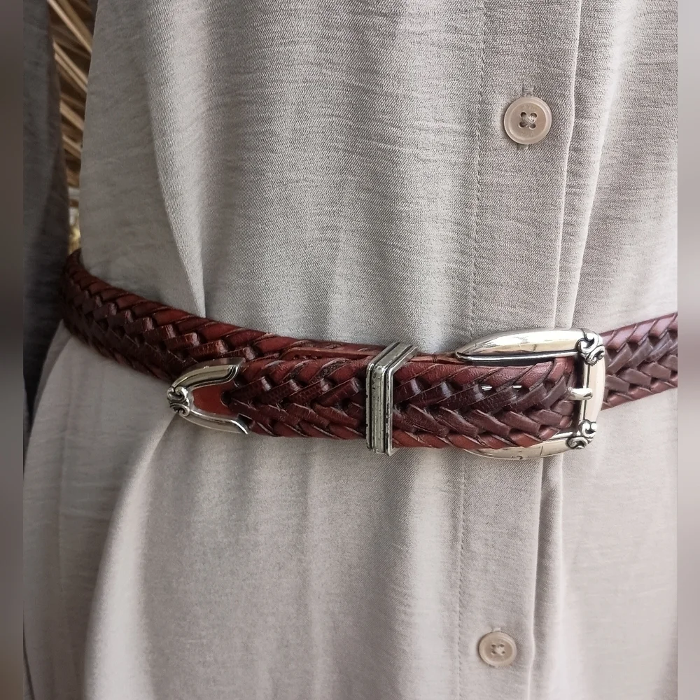 Vintage Fossil Elegant Brown Braided Leather Belt_med